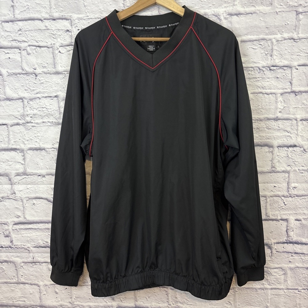 Footjoy Men's L Windbreaker Black V‎ Neck Red Piping Golf Prep